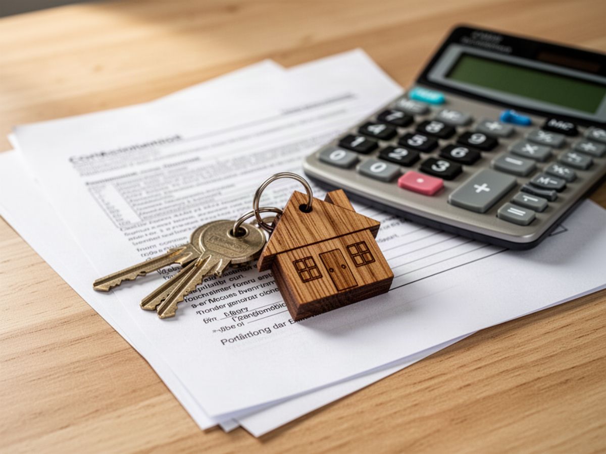 Llaves con llavero en forma de casa sobre documentos y una calculadora